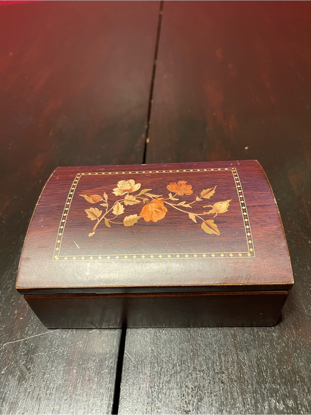 Vintage Mahogany Wooden Jewelry Box Floral Marquetry Inly with Mirror